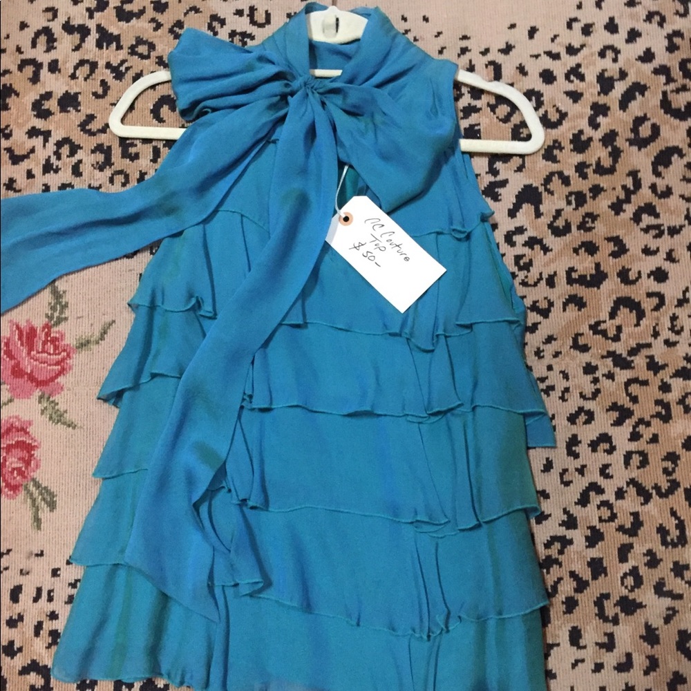 C.C. Couture Silk Ruffle Blouse in Turquoise